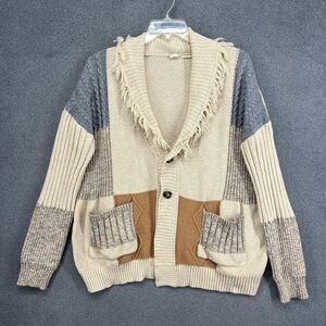 Shawl Collar Cardigan Sweater Womens M/L Beige Gray Patchwork Fringe Boho Knit